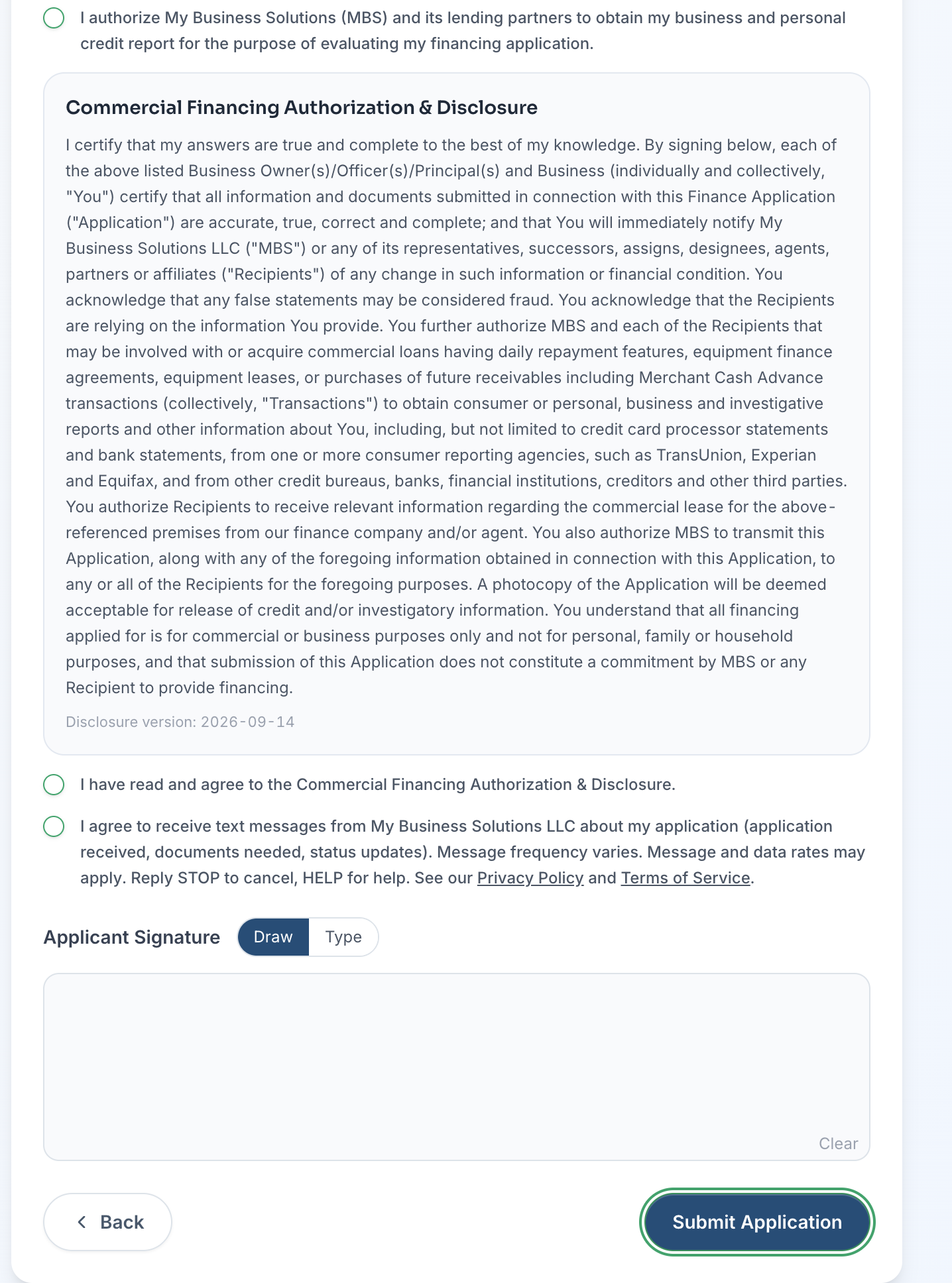 SMS consent checkbox on the MBS financing application